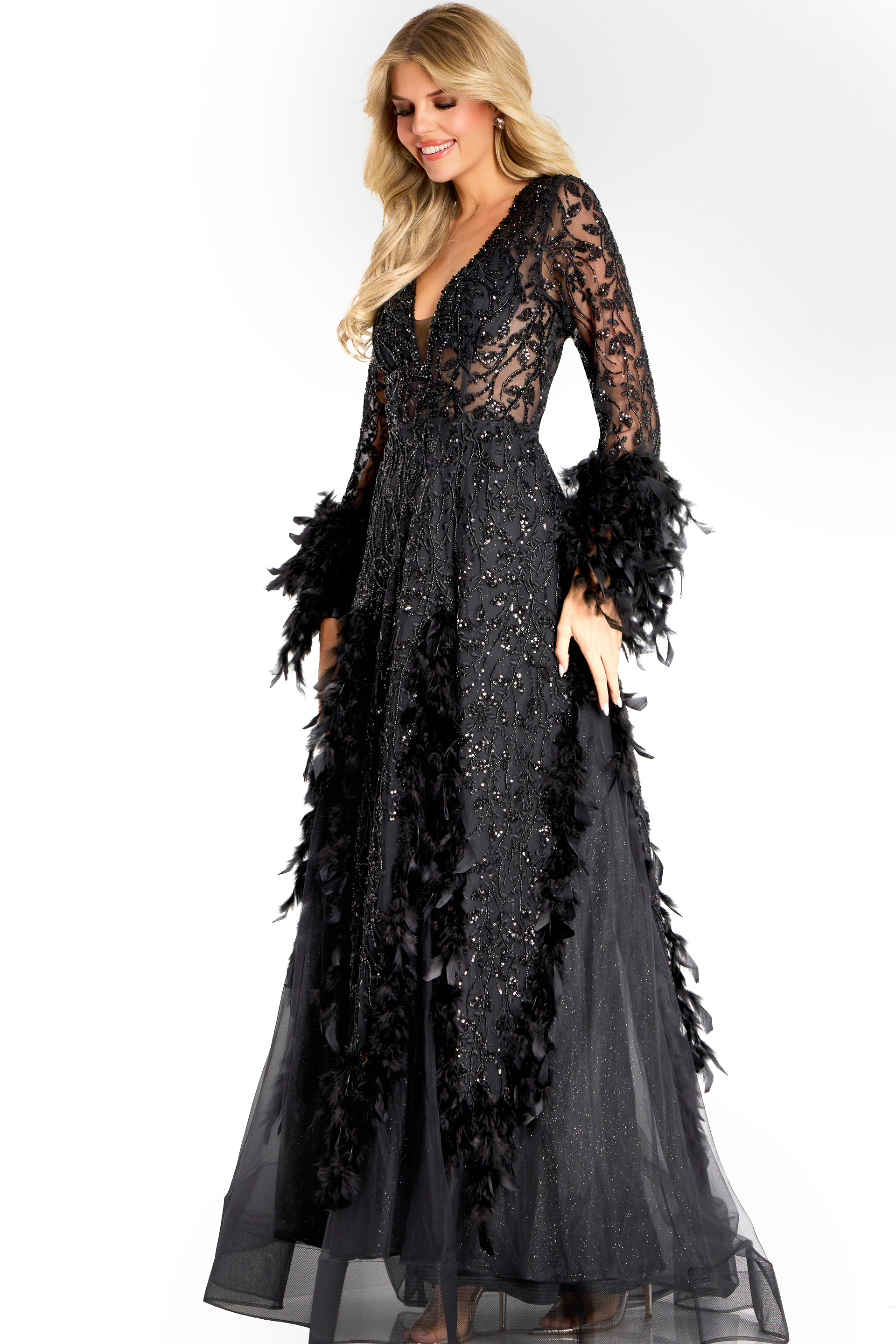 black long sleeves evening dress 45801