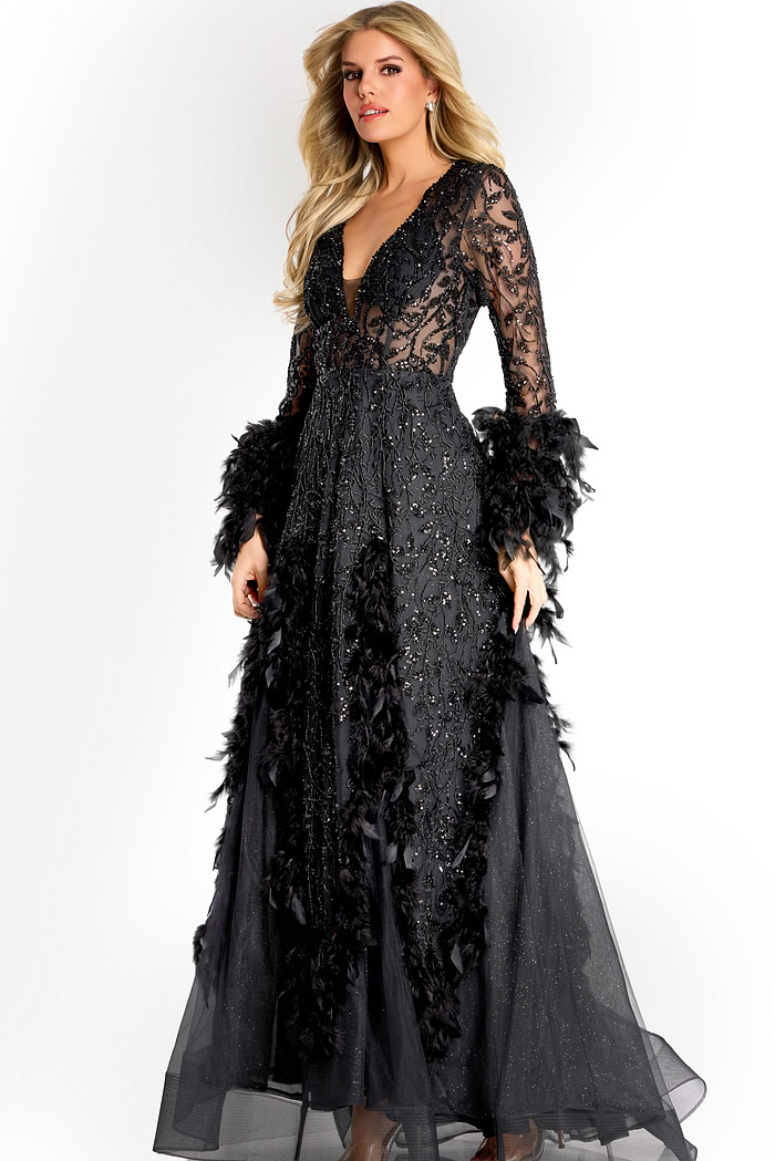 v neckline off the shoulder dress with feather details on the sleeves 45801