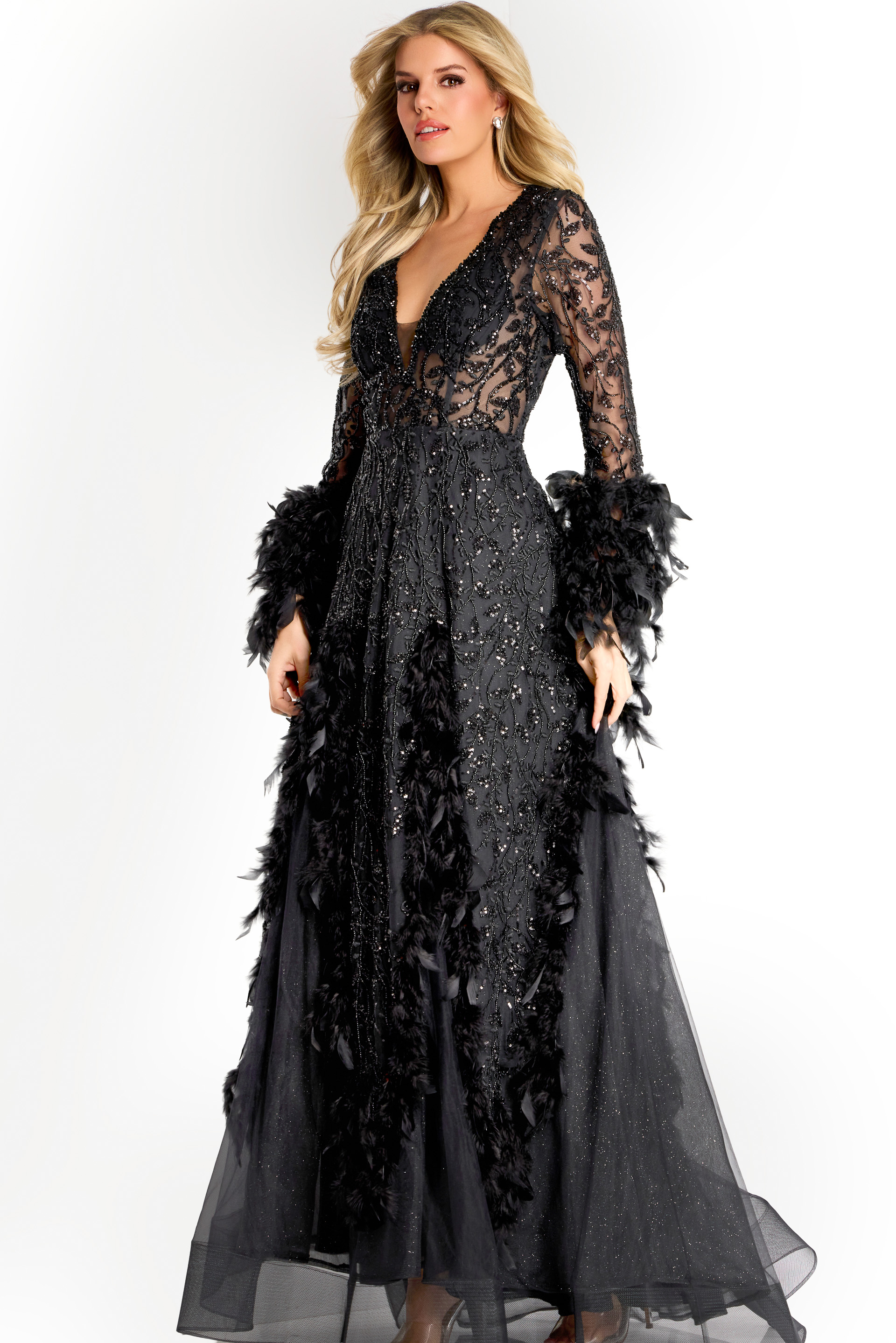 v neckline off the shoulder dress with feather details on the sleeves 45801