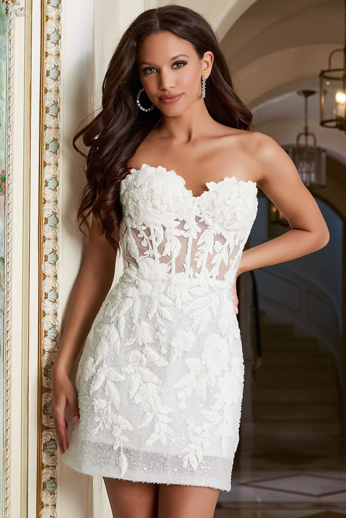 Strapless white dress with floral lace corset and mini skirt