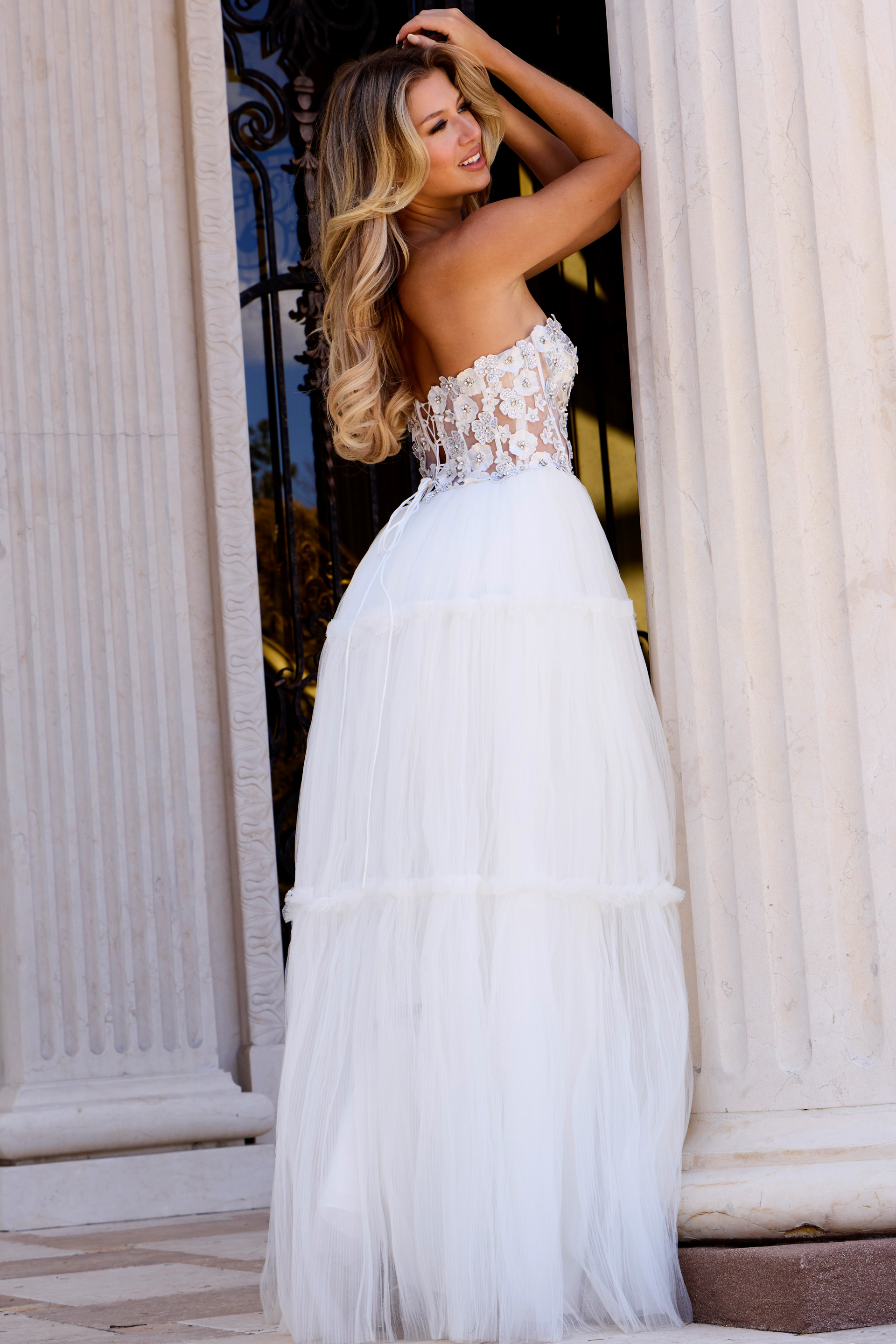 Strapless Gown With Floral Lace And Flowing Skirt