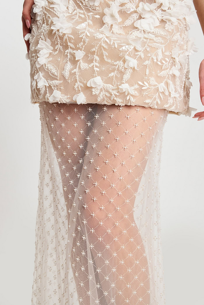 Elegant fitted ivory dress with botanical beaded lace work