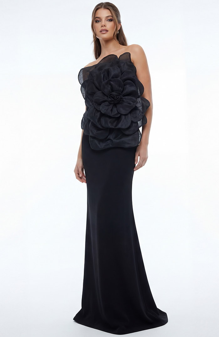 Strapless black evening gown with sculpted floral bodice and fitted straight skirt shown from the front