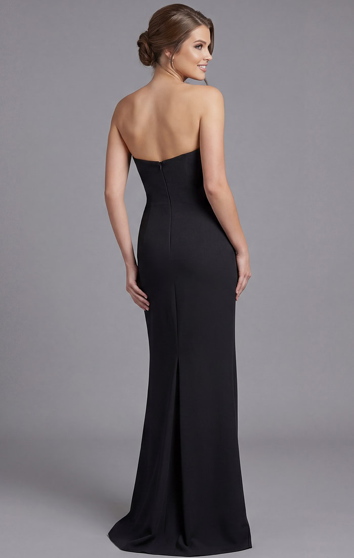 Back view of strapless black fitted evening gown with center zipper and sleek silhouette