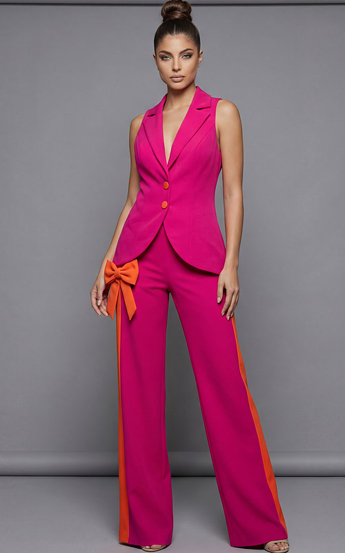 Sleeveless tailored suit with fitted vest and wide leg trousers back view
