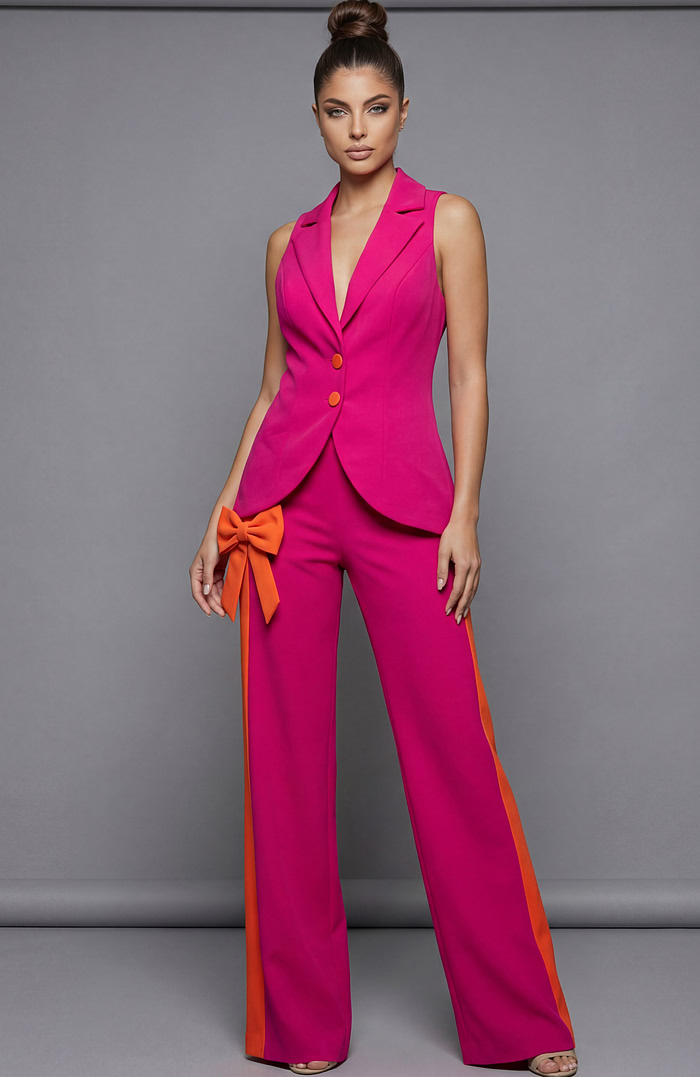 Sleeveless tailored suit with fitted vest and wide leg trousers back view