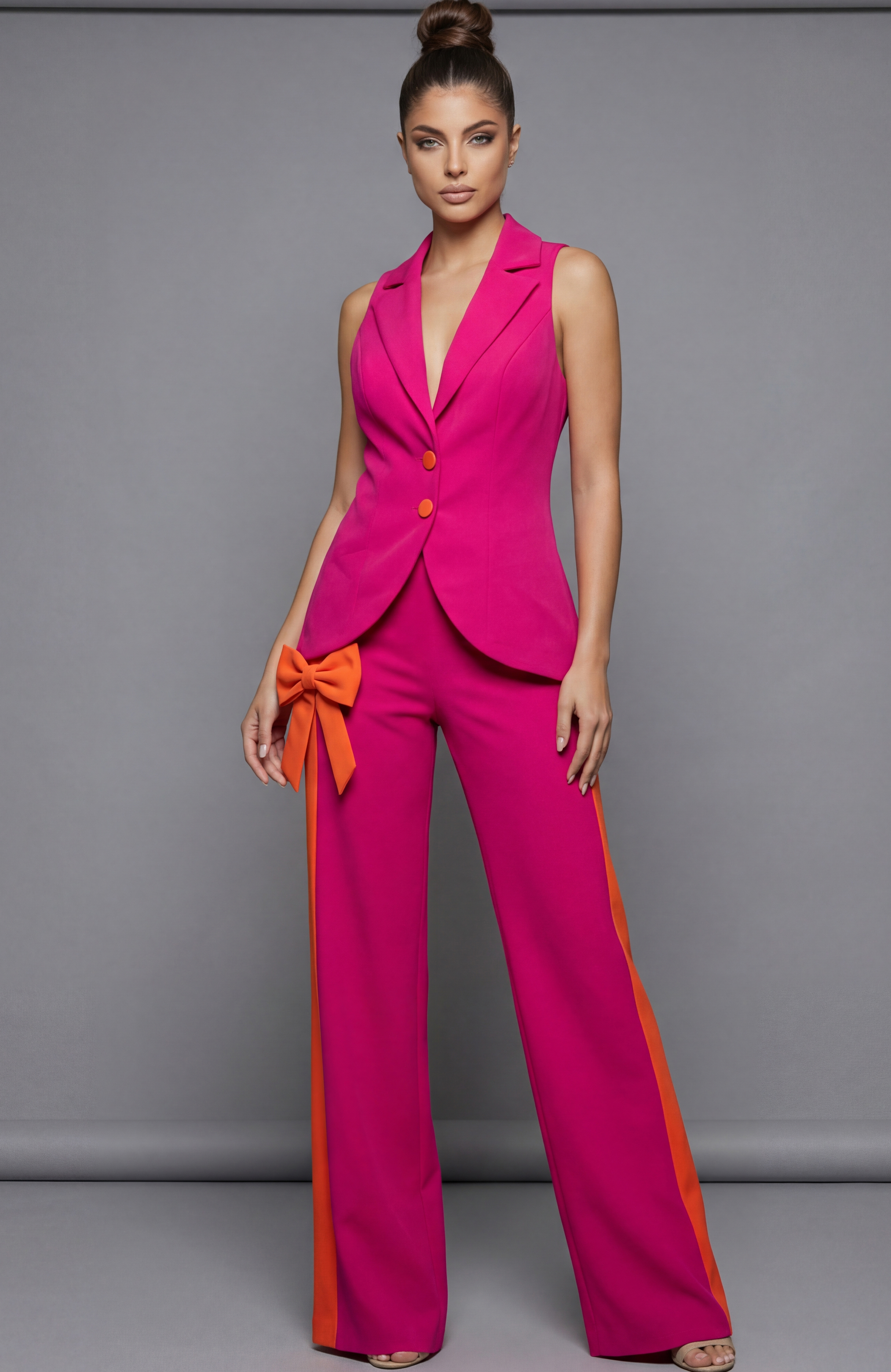 Sleeveless tailored suit with fitted vest and wide leg trousers back view