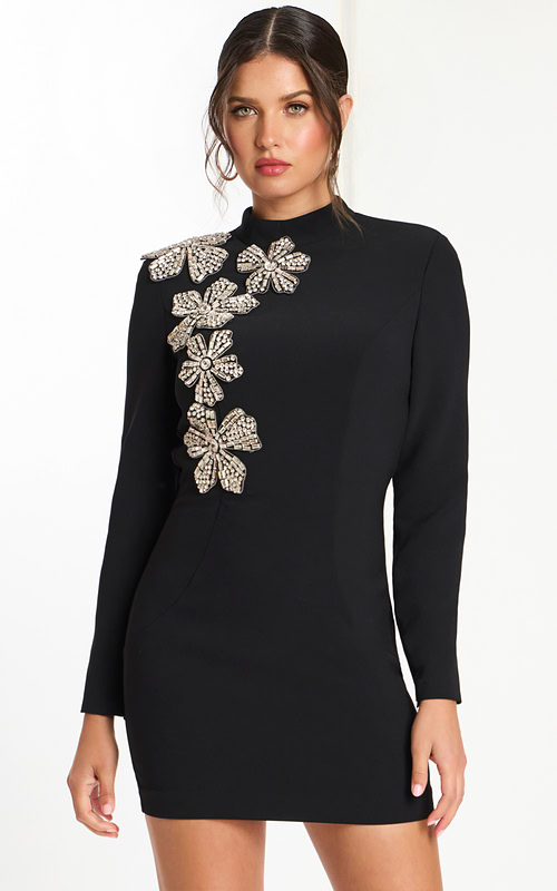 Long sleeve mini dress with floral beading and high neckline