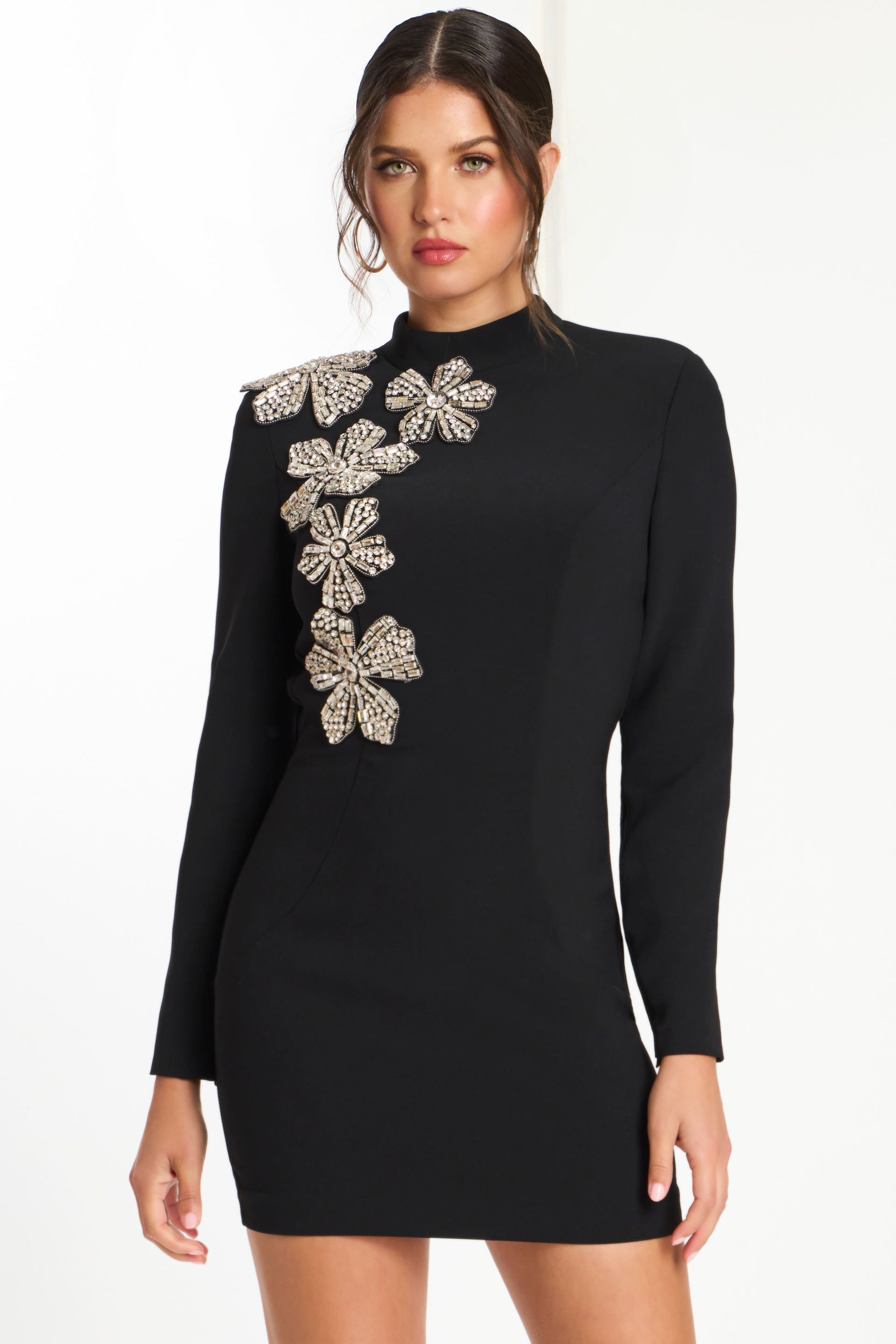 Long sleeve mini dress with floral beading and high neckline