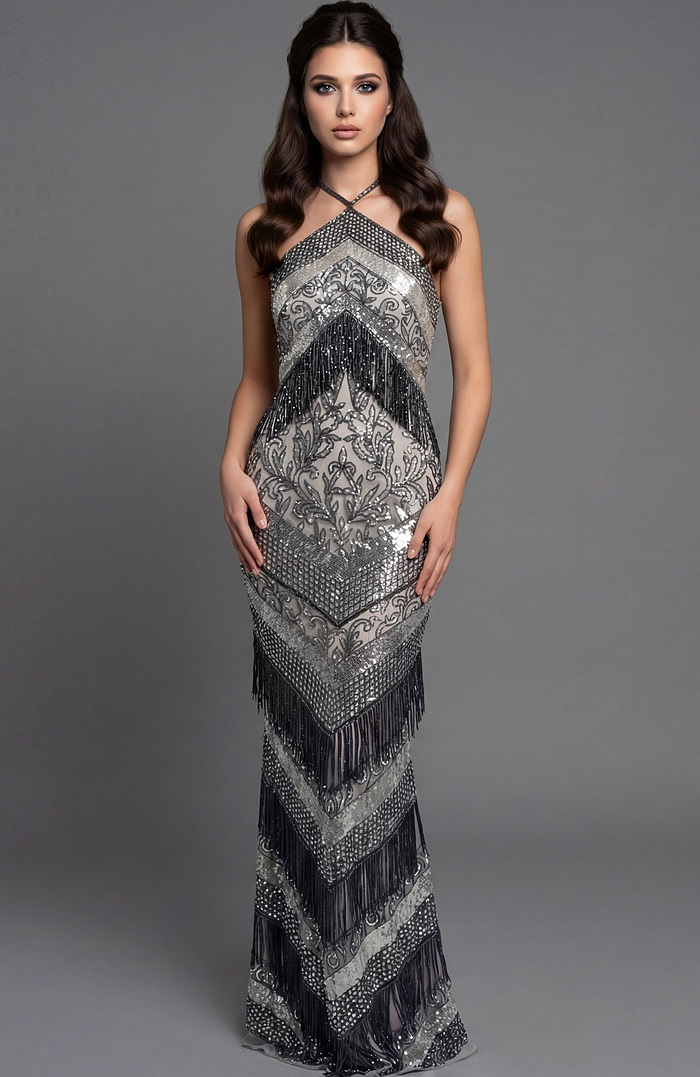 fitted beaded gown highlighting the halter neckline and vertical fringe pattern