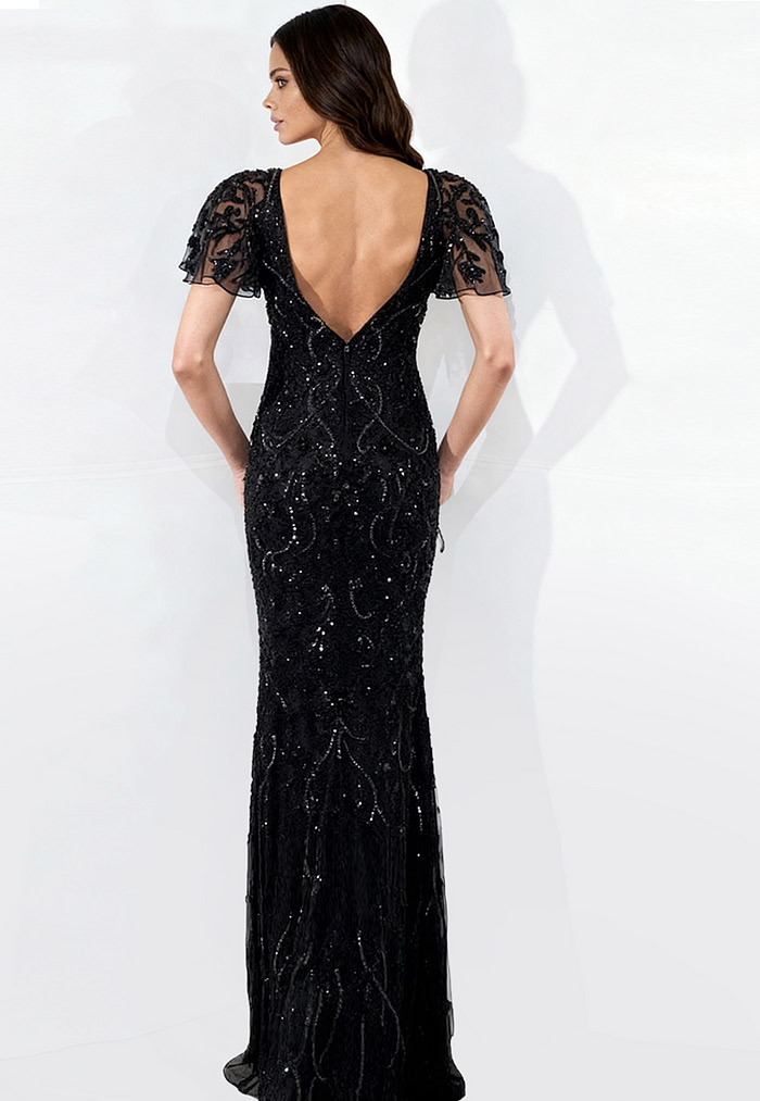 Elegant gown with intricate beadwork and soft flutter sleeves