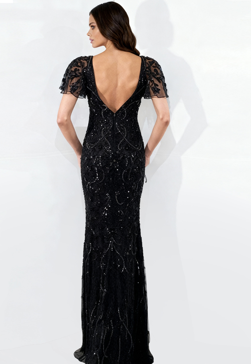 Elegant gown with intricate beadwork and soft flutter sleeves