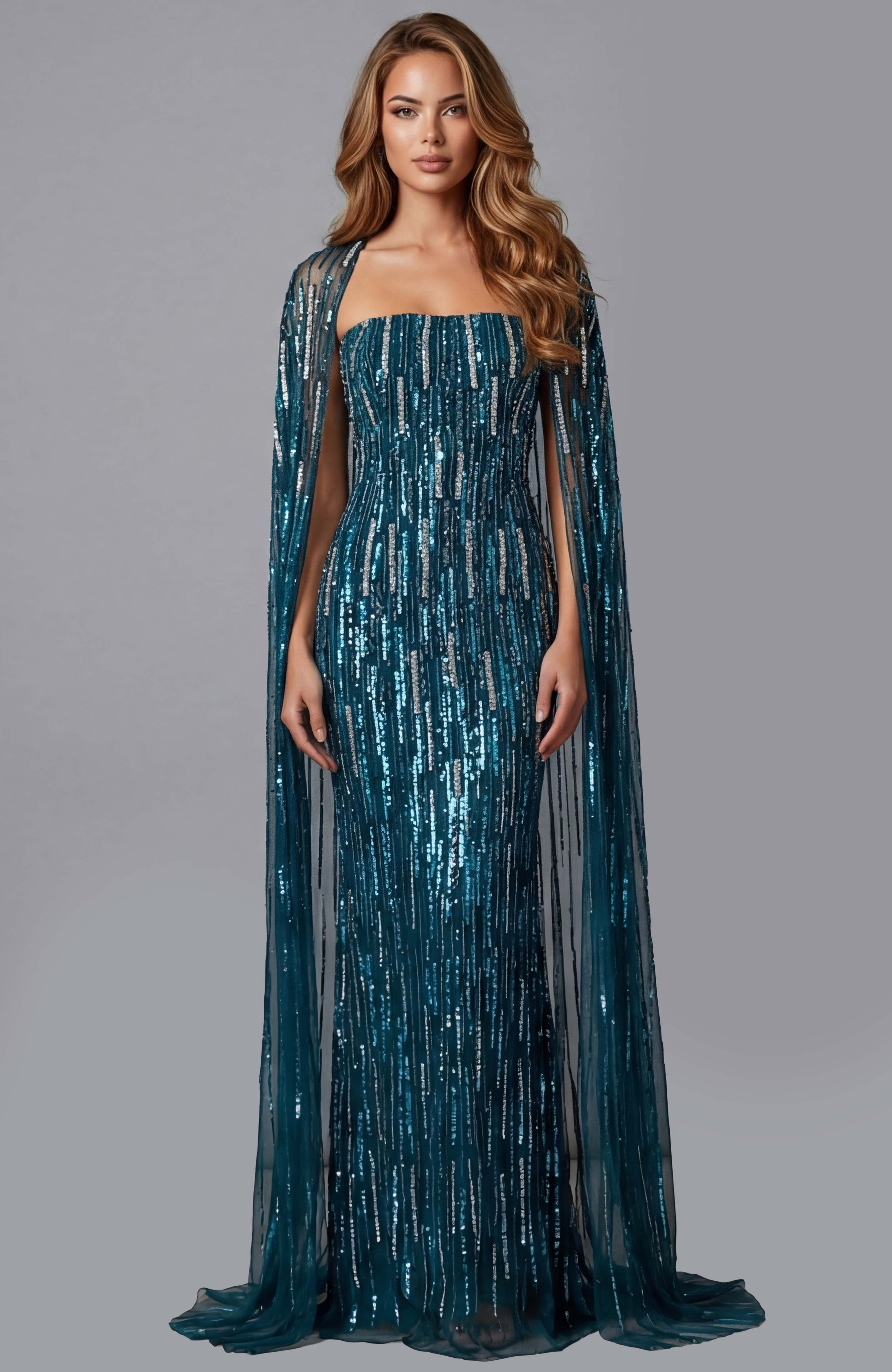 Strapless sequin column gown with sheer cape sleeves