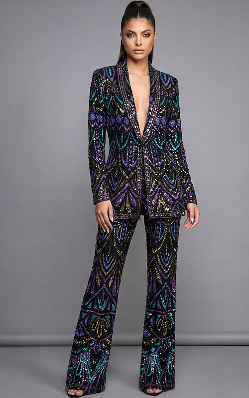 Beaded statement suit with deep V jacket and wide leg embellished pants