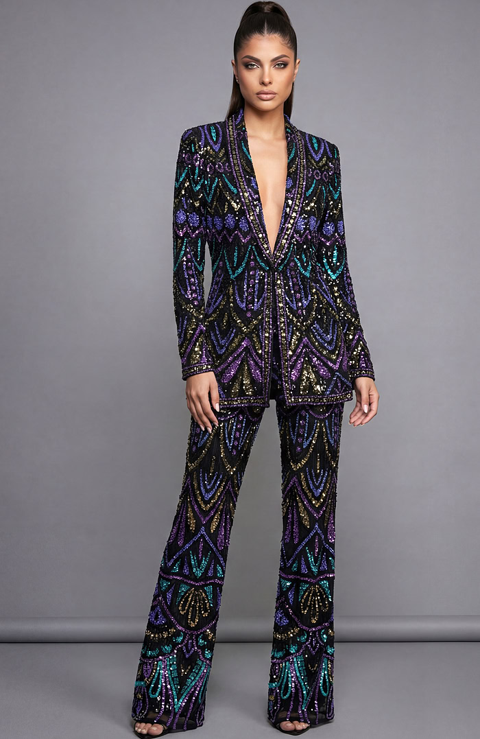 Beaded statement suit with deep V jacket and wide leg embellished pants