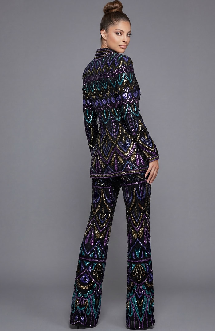 Fully beaded tailored suit with long sleeve jacket and wide leg trousers back view