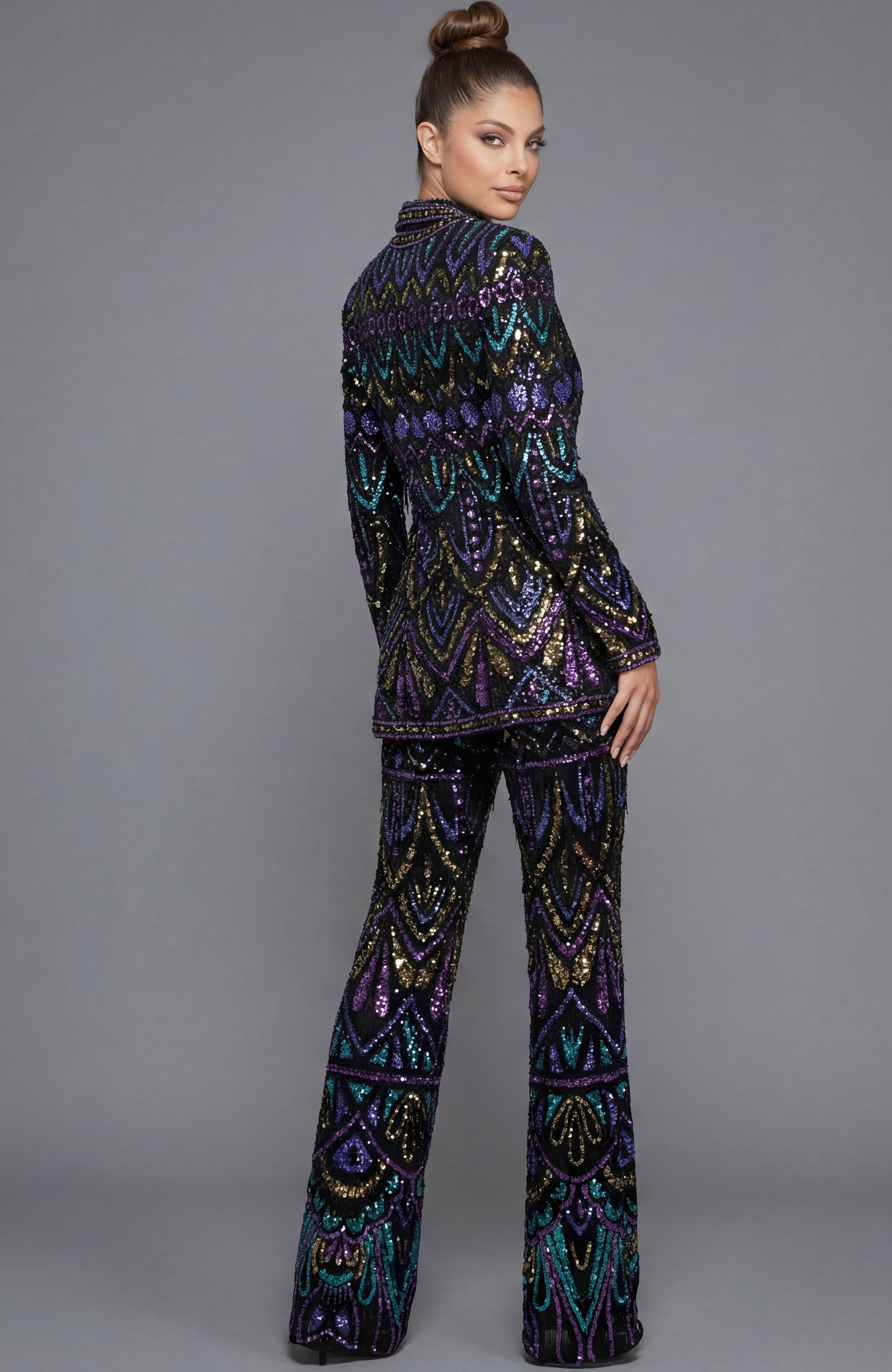 Fully beaded tailored suit with long sleeve jacket and wide leg trousers back view