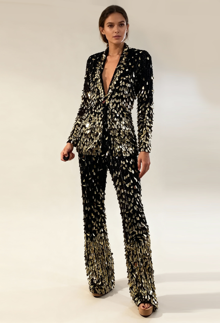 Embellished pantsuit with tailored sequin jacket