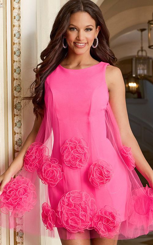 Front view of A-line mini dress with tulle rosettes