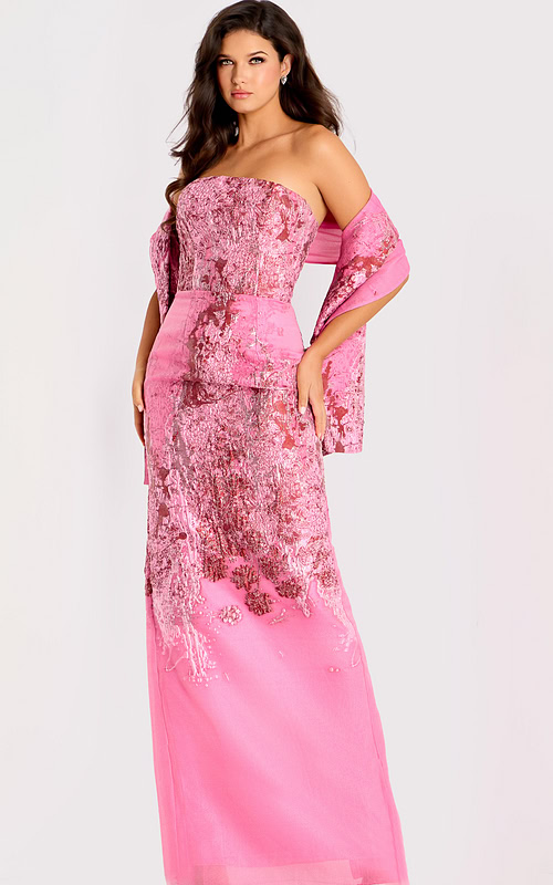 pink strapless print dress with matching shawl 46258