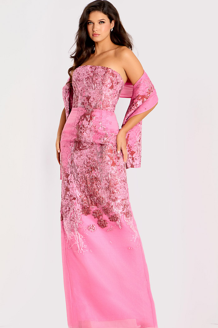 pink strapless print dress with matching shawl 46258