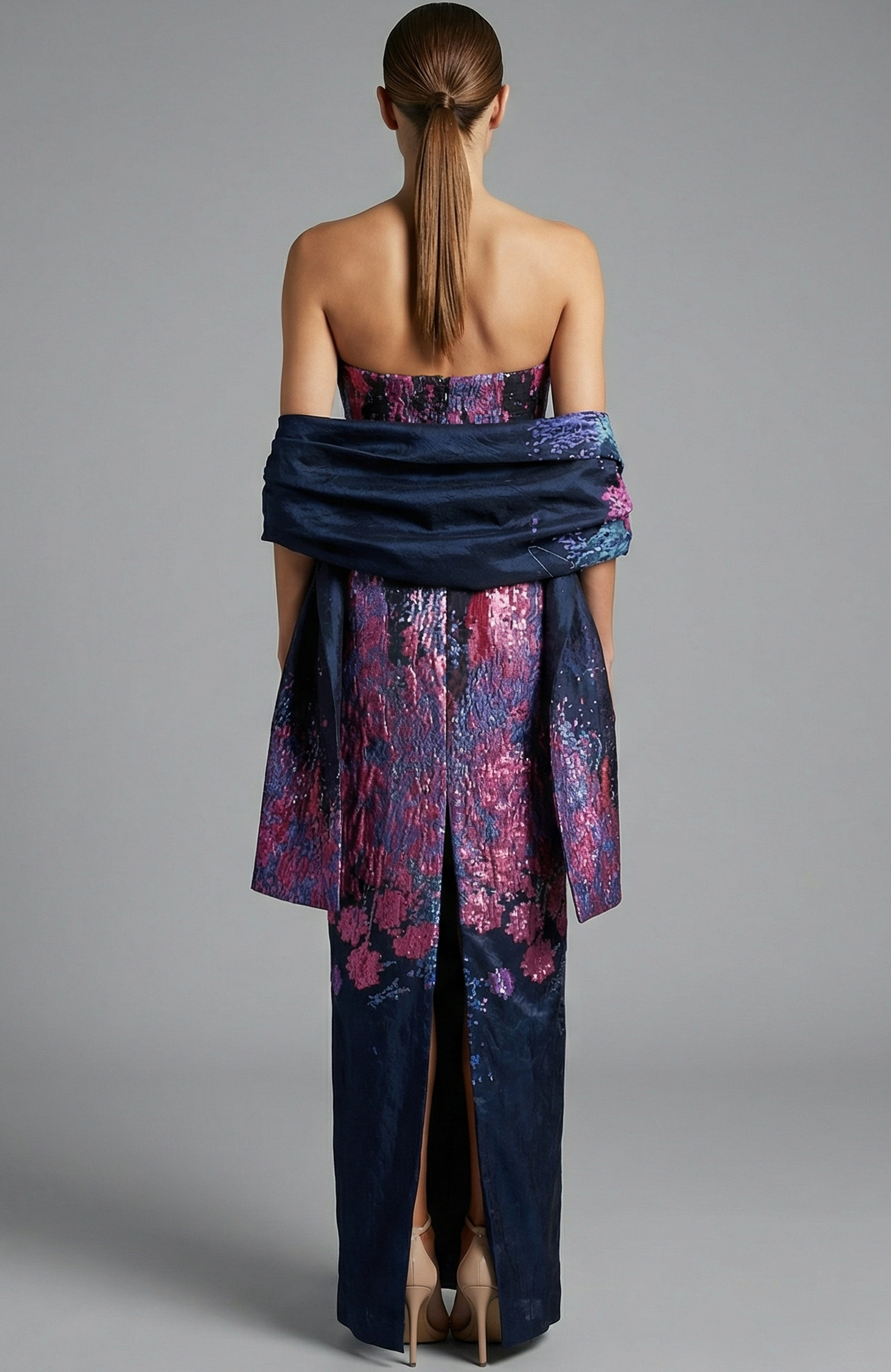 Back view of jacquard gown with straight skirt and matching wrap