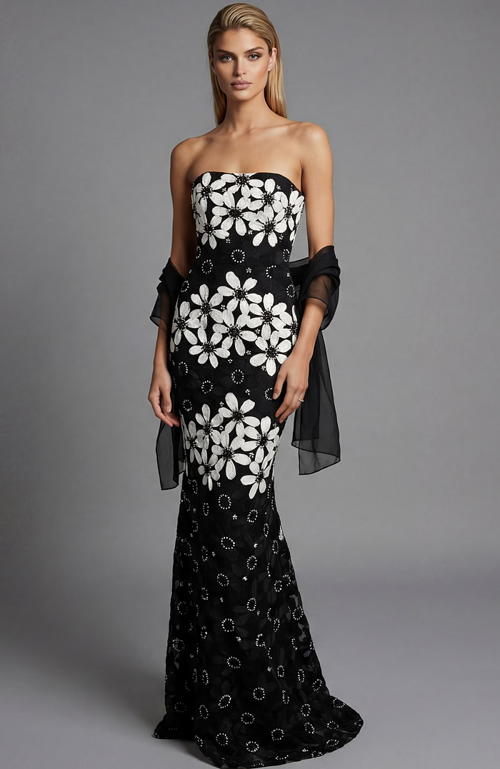 Front view of a strapless black floral brocade column gown