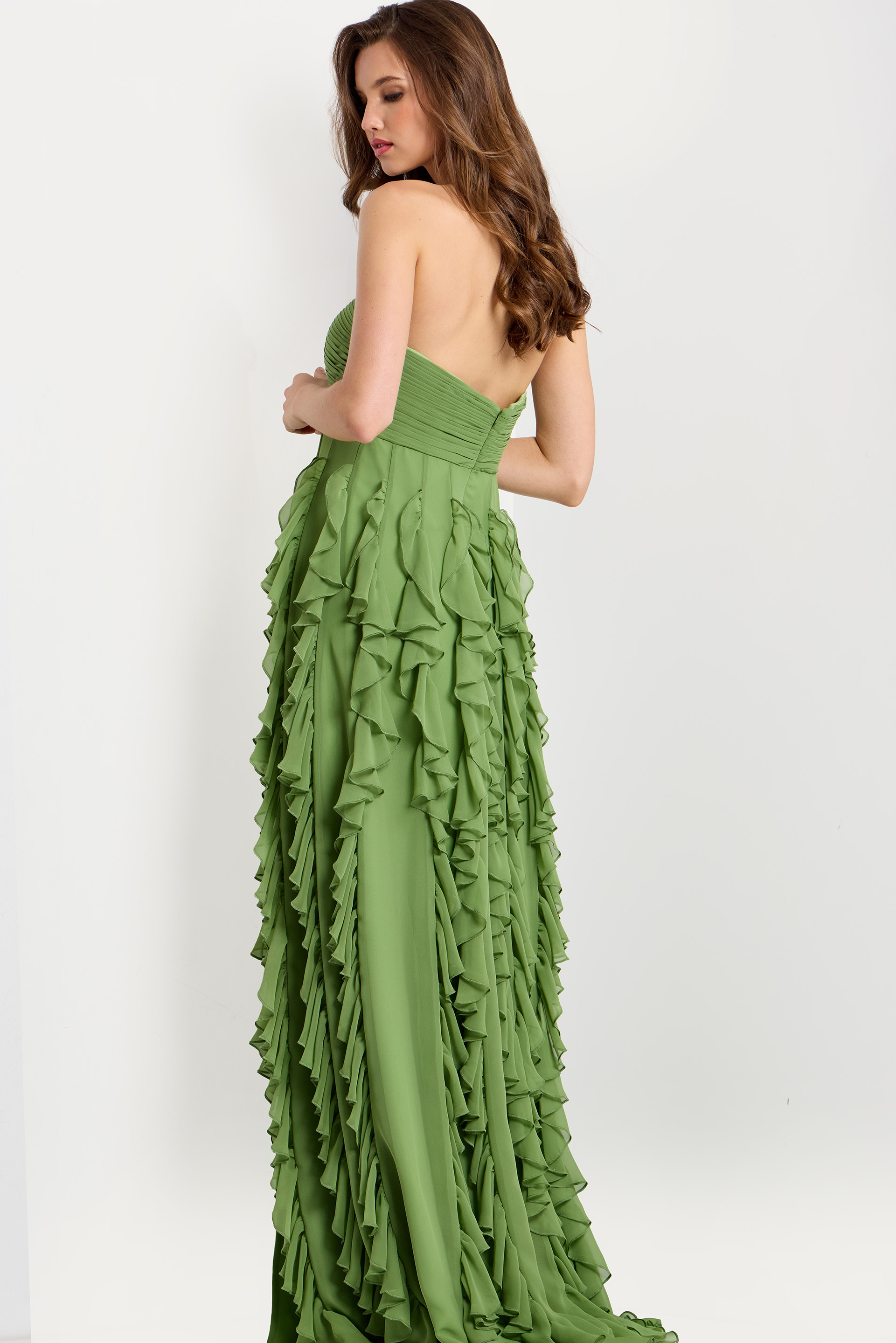 Strapless Ruffled Chiffon Gown With Floral Detail 46379 - Image 2