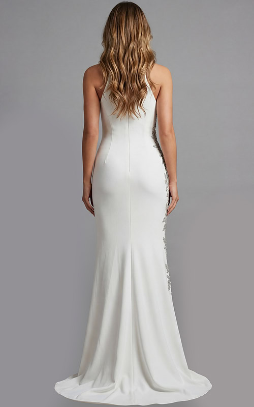 Floor length gown with clean silhouette and flowing hemline