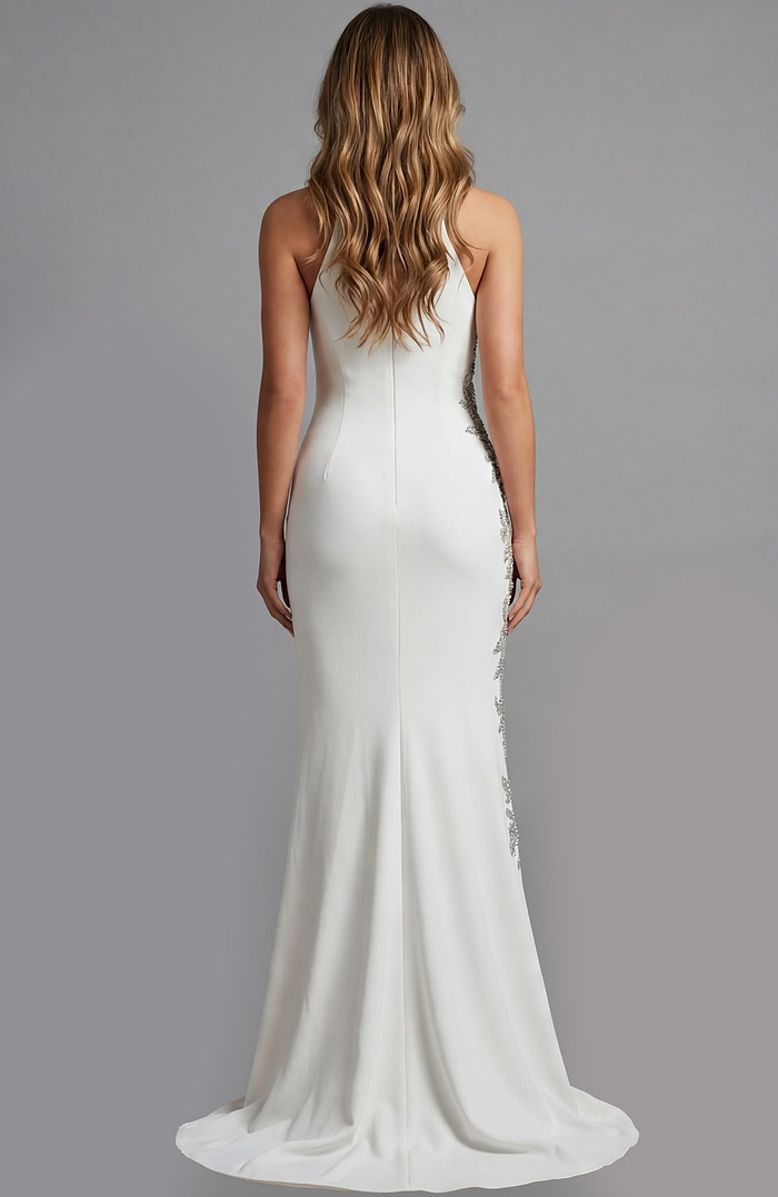 Floor length gown with clean silhouette and flowing hemline