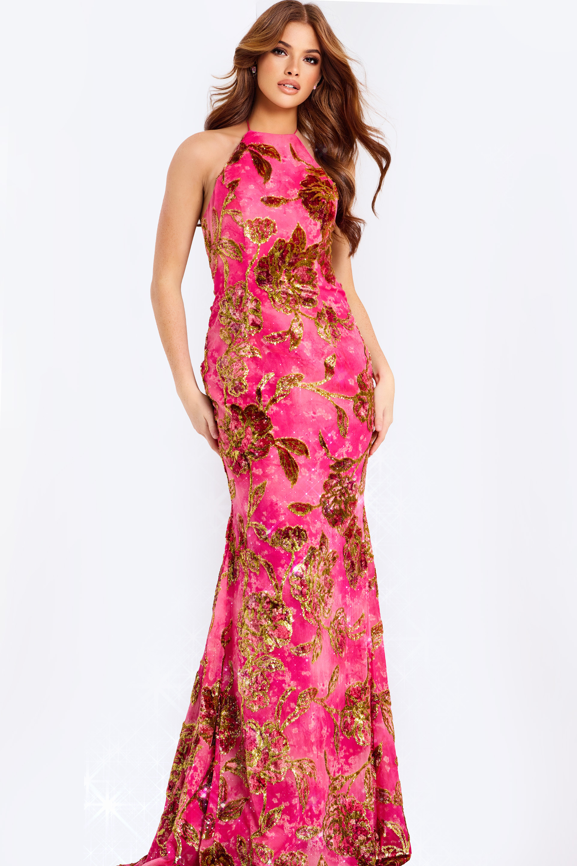 halter neckline pink and gold dress 43003