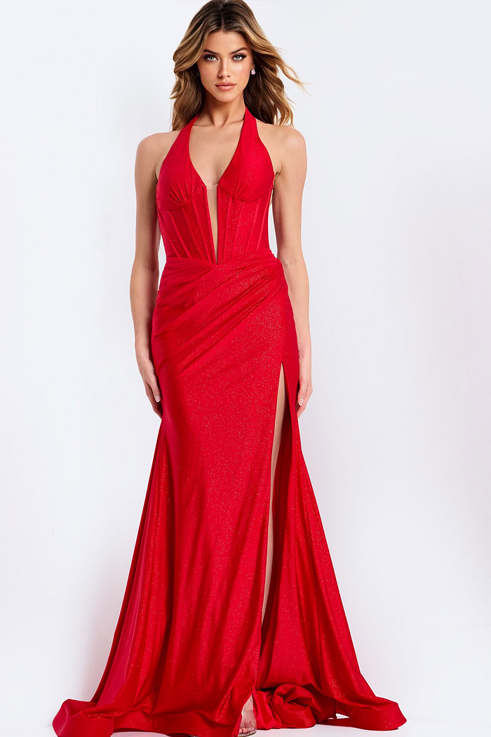 Red halter prom dress with deep neckline and high slit