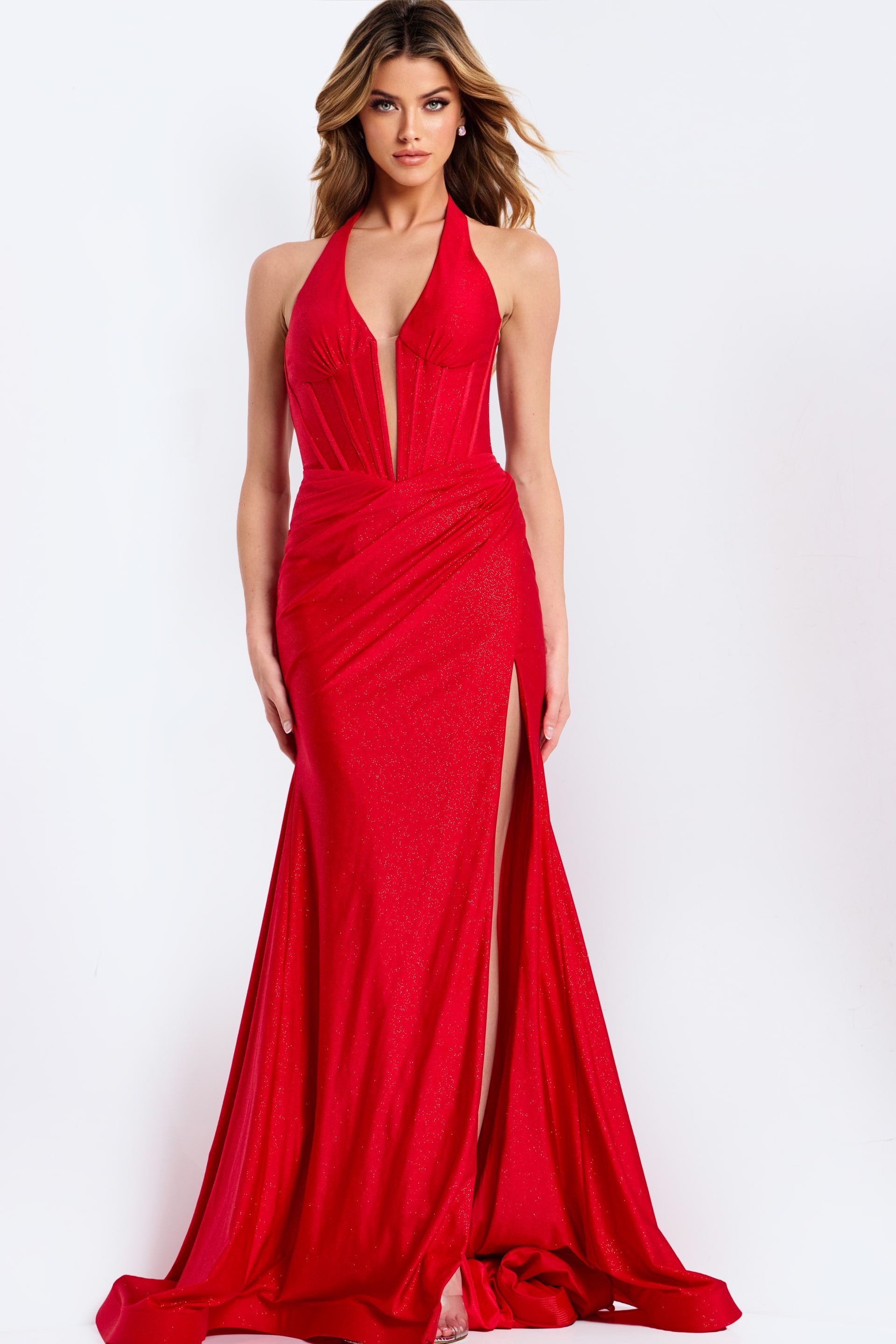 Red halter prom dress with deep neckline and high slit