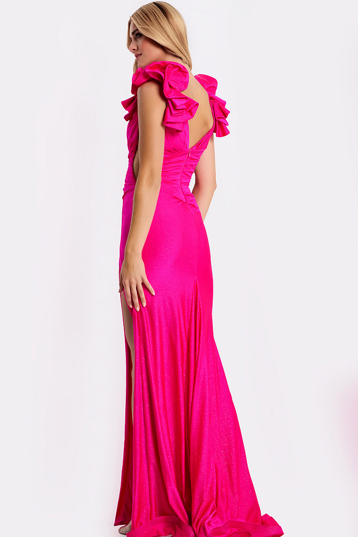 Open back evening gown with ruched waist and flowing skirt