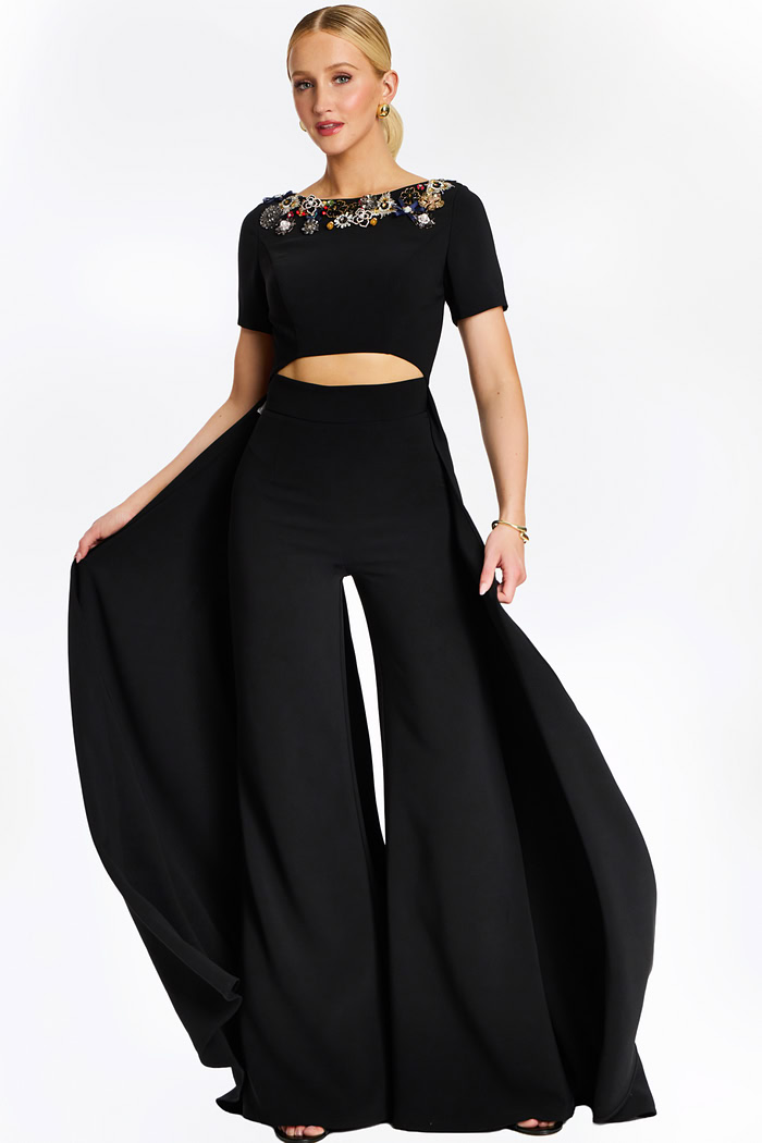 multicolor floral beading on the back neckline of black pantsuit