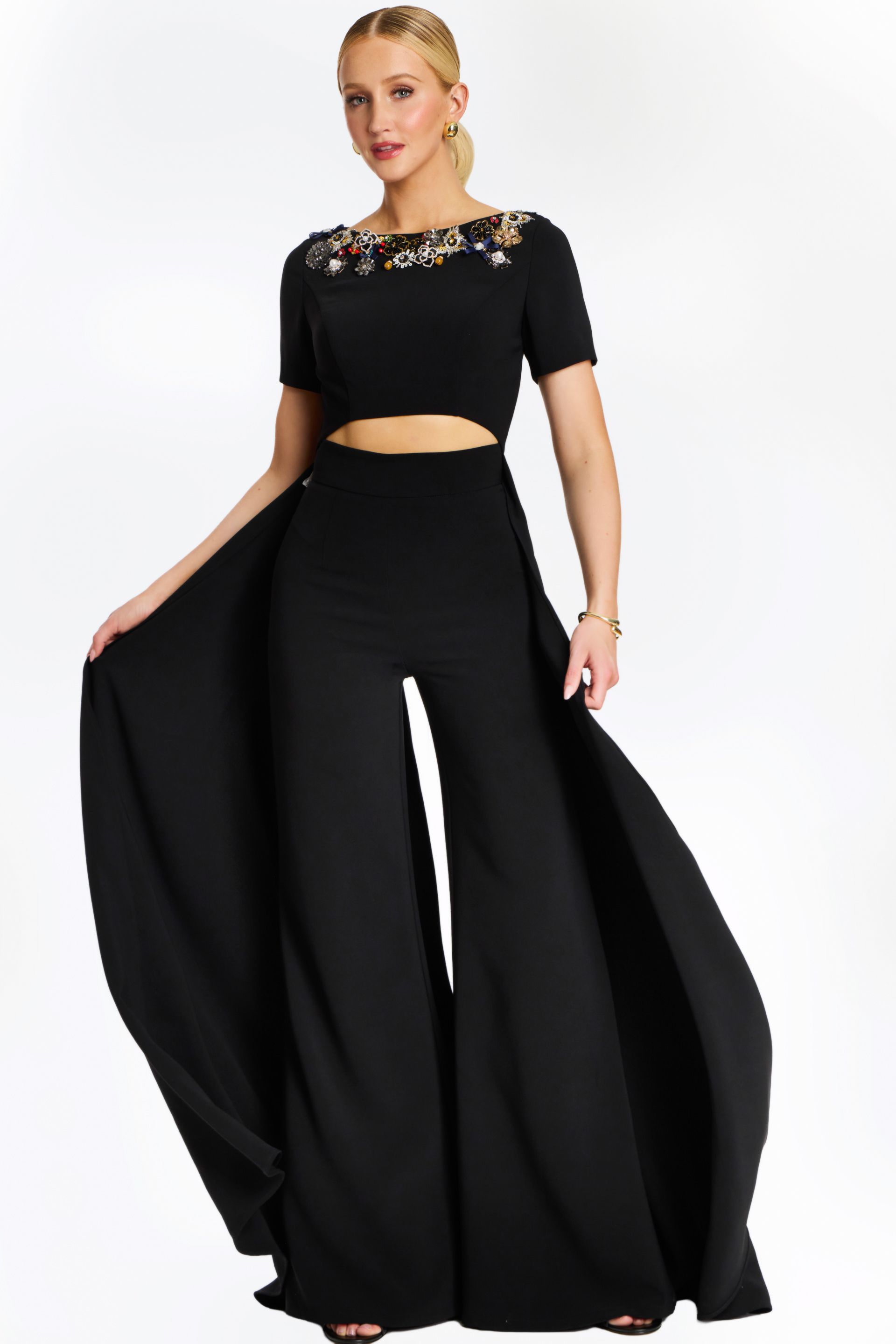 multicolor floral beading on the back neckline of black pantsuit