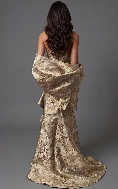 Back view of strapless formal gown with structured fit and flowing hem
