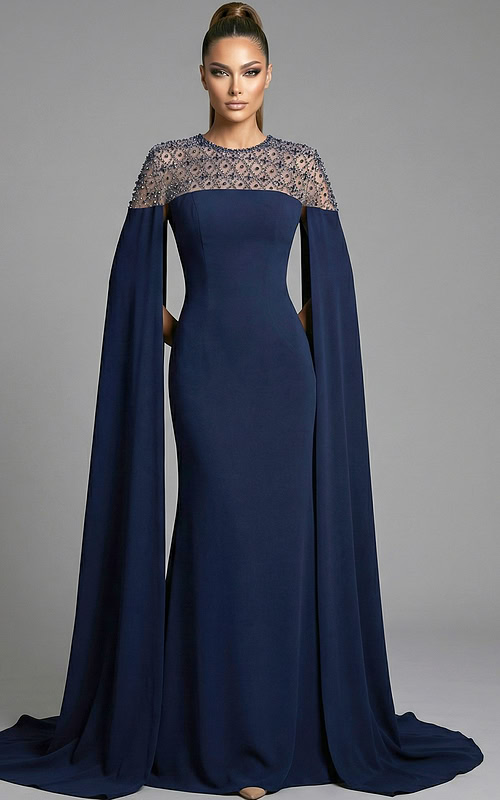 fitted gown with beaded illusion neckline and flowing cape sleeves
