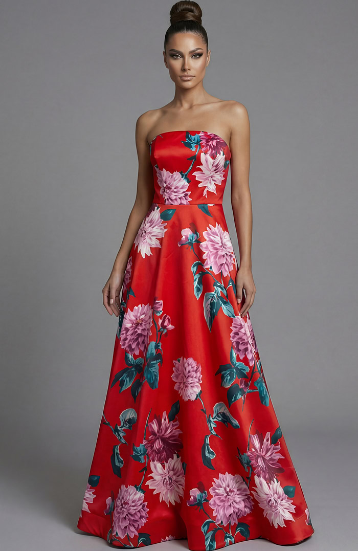 Strapless floral evening gown with fitted bodice and flowing A line skirt