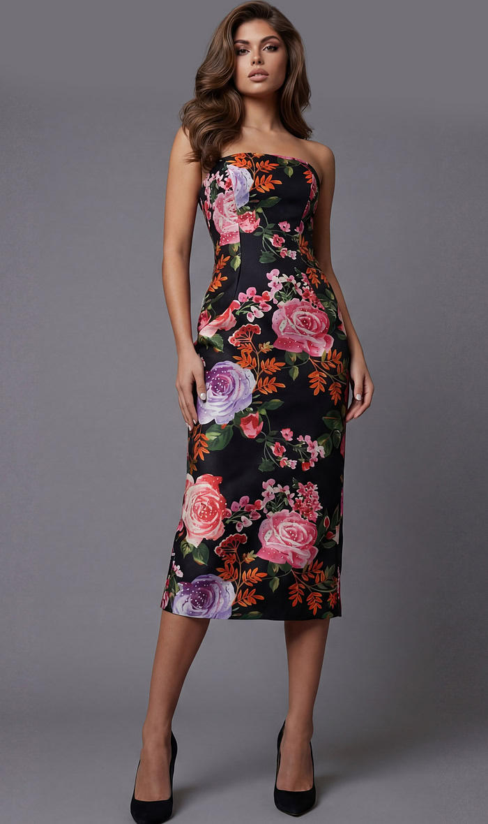 Strapless floral midi dress with a fitted silhouette and vibrant rose print on a dark base