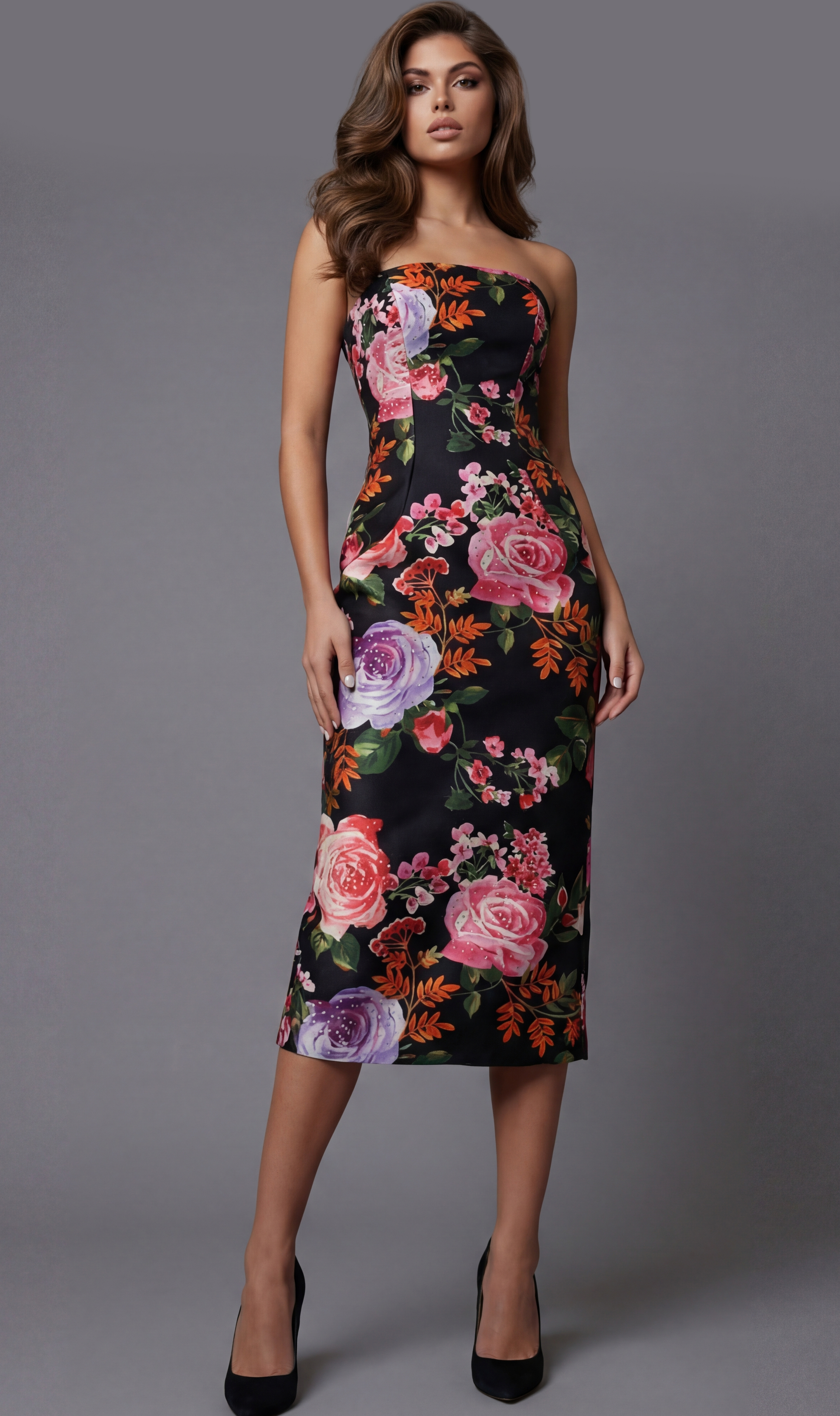 Strapless floral midi dress with a fitted silhouette and vibrant rose print on a dark base