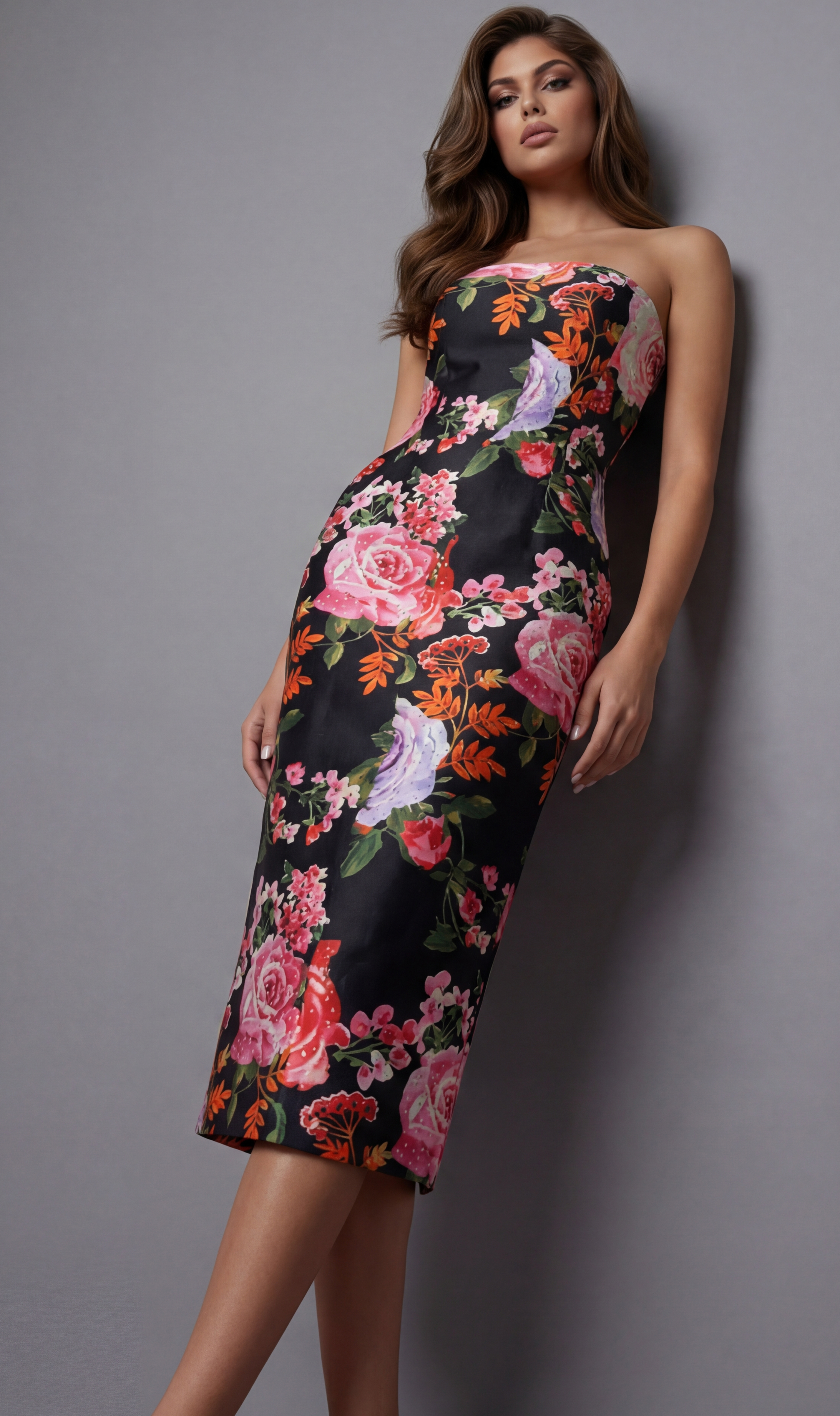 Strapless fitted midi dress featuring a bold floral print with roses and a clean, tailored silhouette