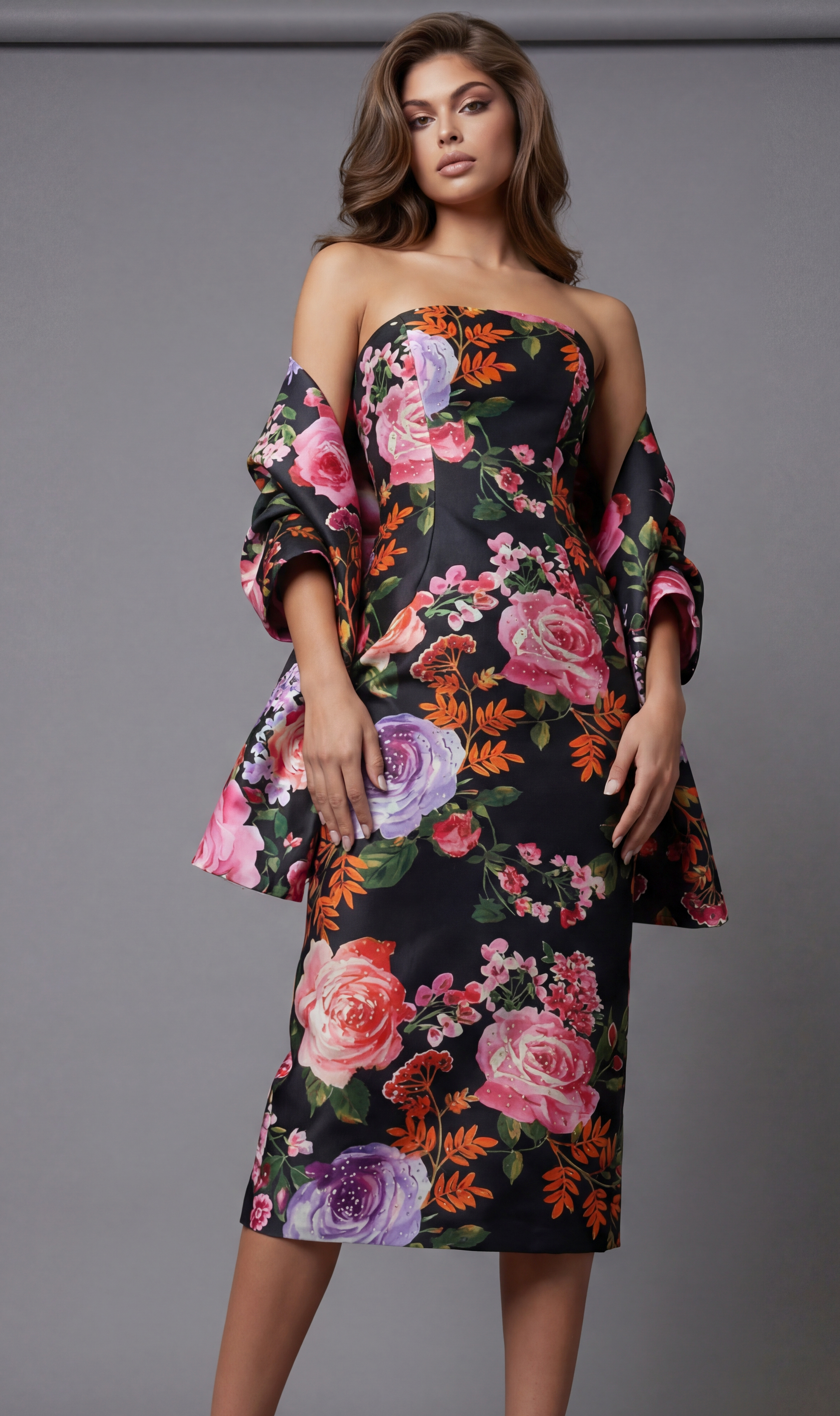 Strapless floral dress with fitted bodice, midi length skirt, and matching draped sleeves in a bold botanical print
