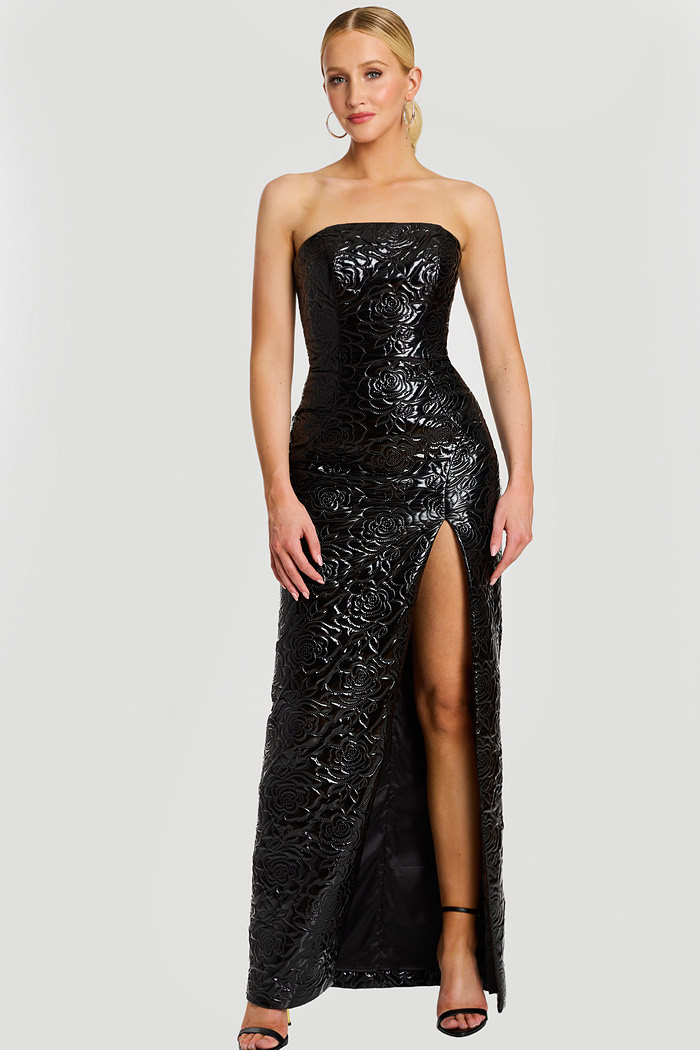 black floral fitted dress with high side slit 46579