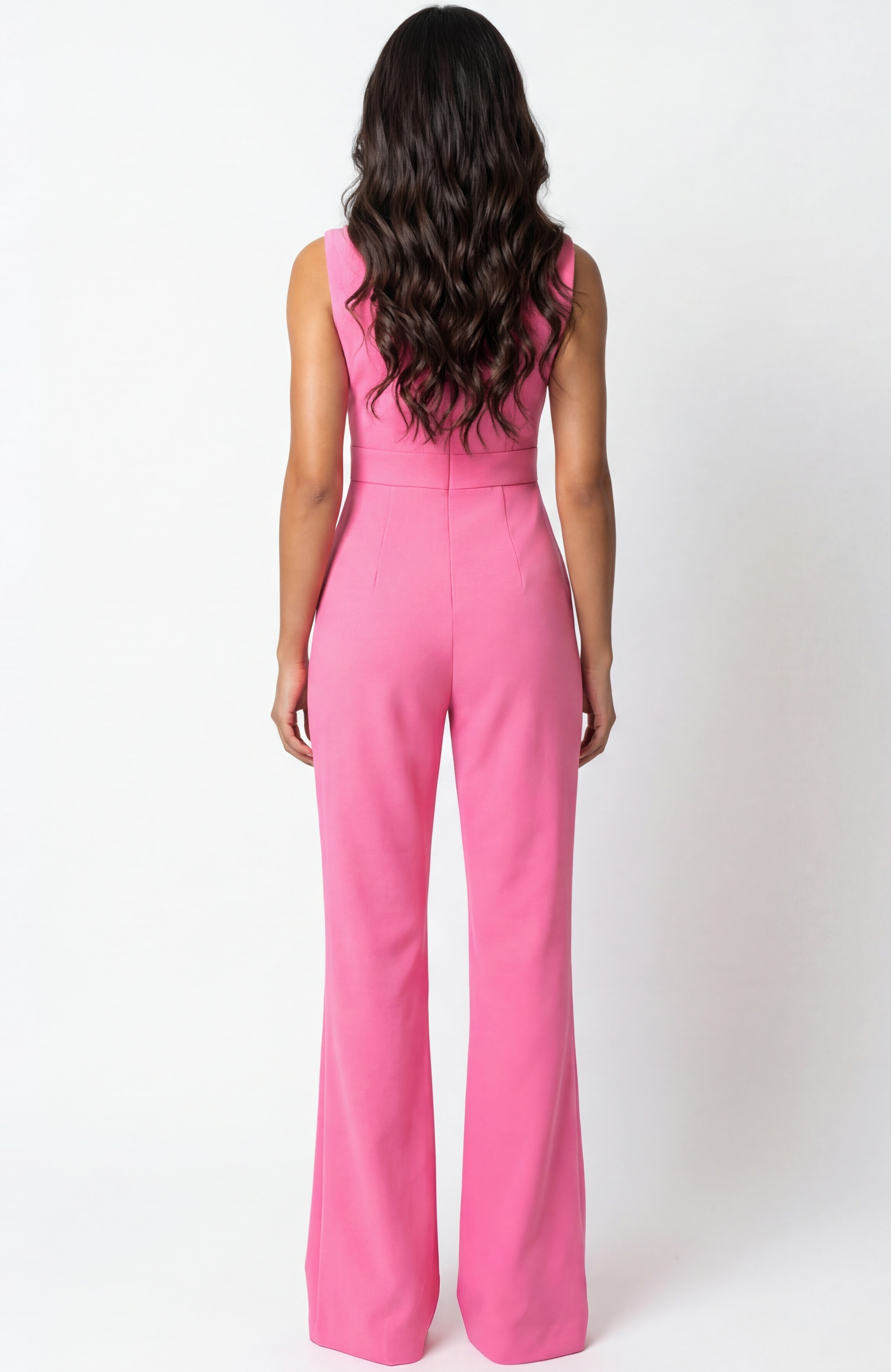 Back view of fitted jumpsuit with clean lines and wide leg silhouette