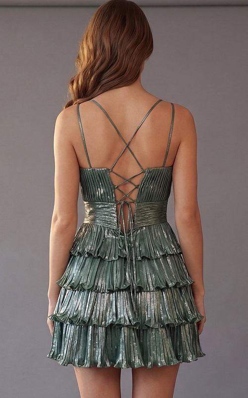 Tiered ruffle cocktail dress with pleated bodice and fitted waist