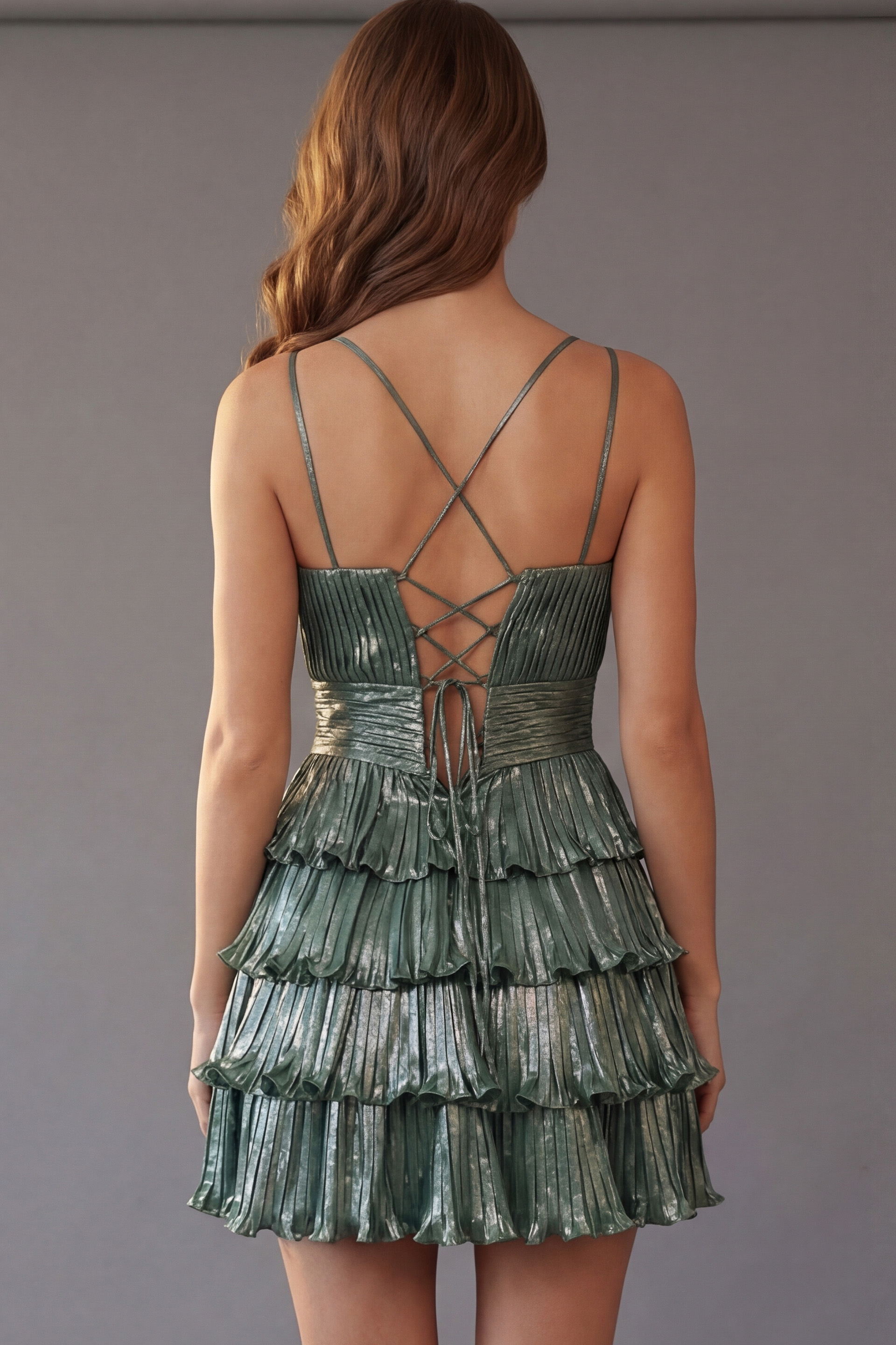 Tiered ruffle cocktail dress with pleated bodice and fitted waist
