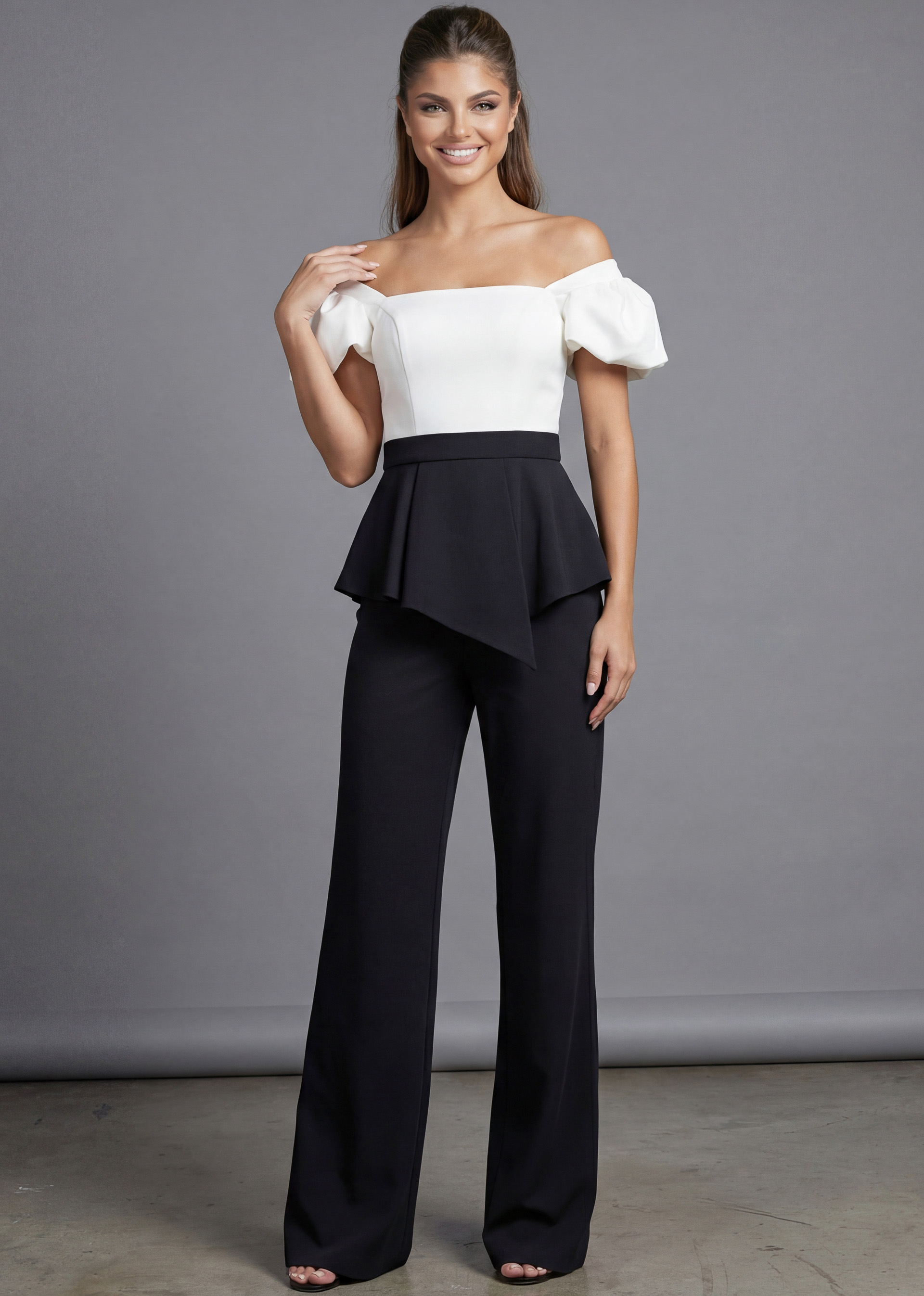 Black wide-leg jumpsuit with white off shoulder bodice 46613