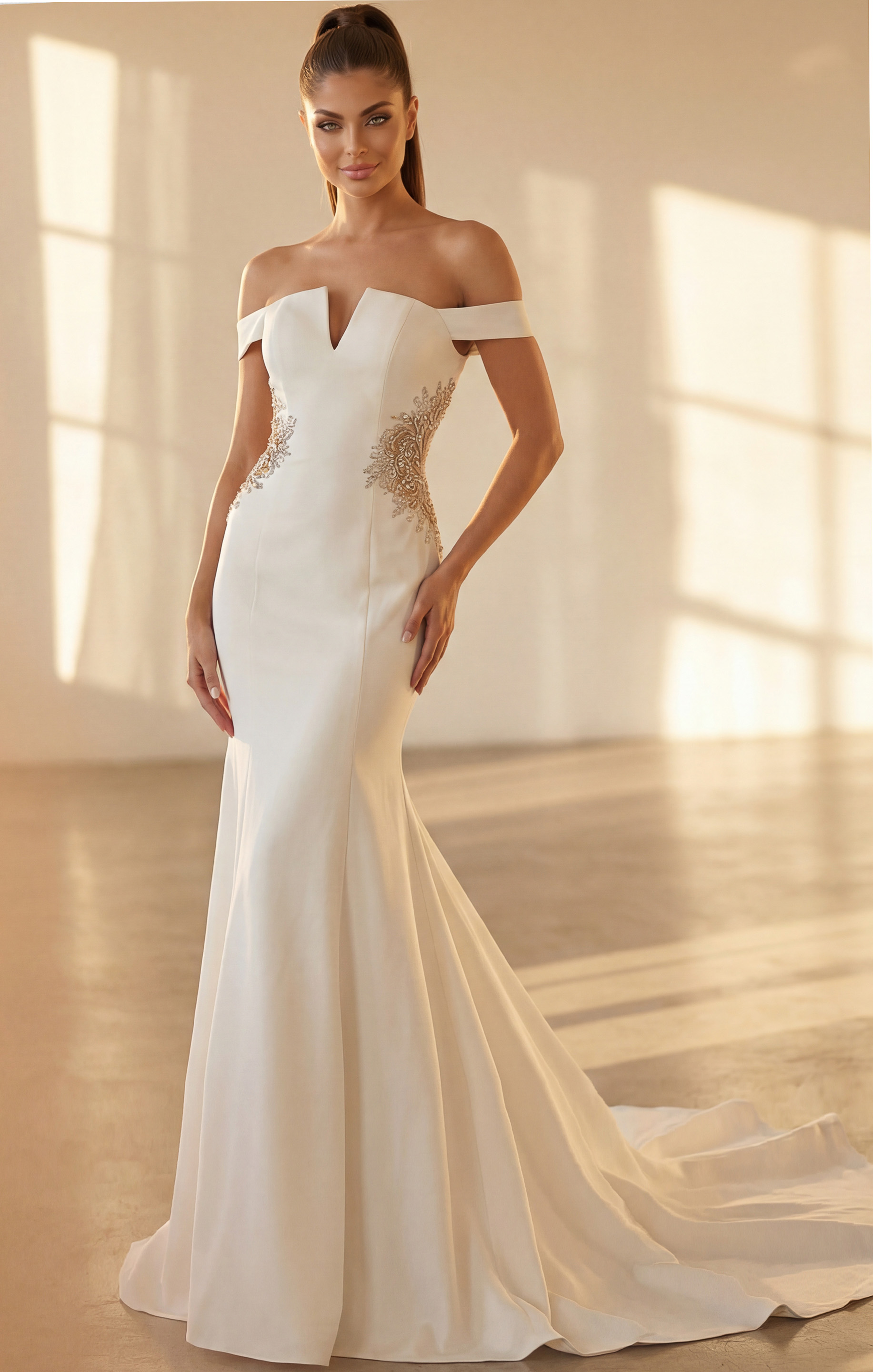 Sleek off shoulder evening gown with crystal side appliqué