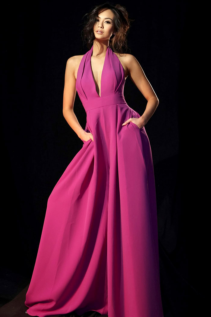 Halter wide-leg jumpsuit with plunging neckline and pleated waist